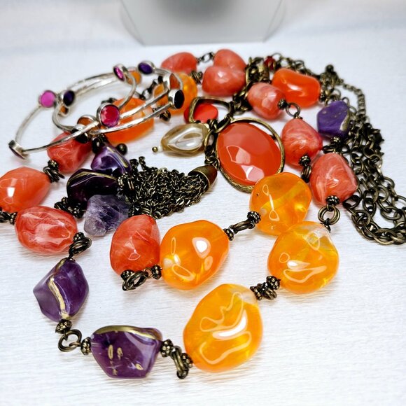 2 Chico’s Chunky Beaded Long Statement Necklaces 3 Stone Bangle Bracelets - Picture 4 of 7